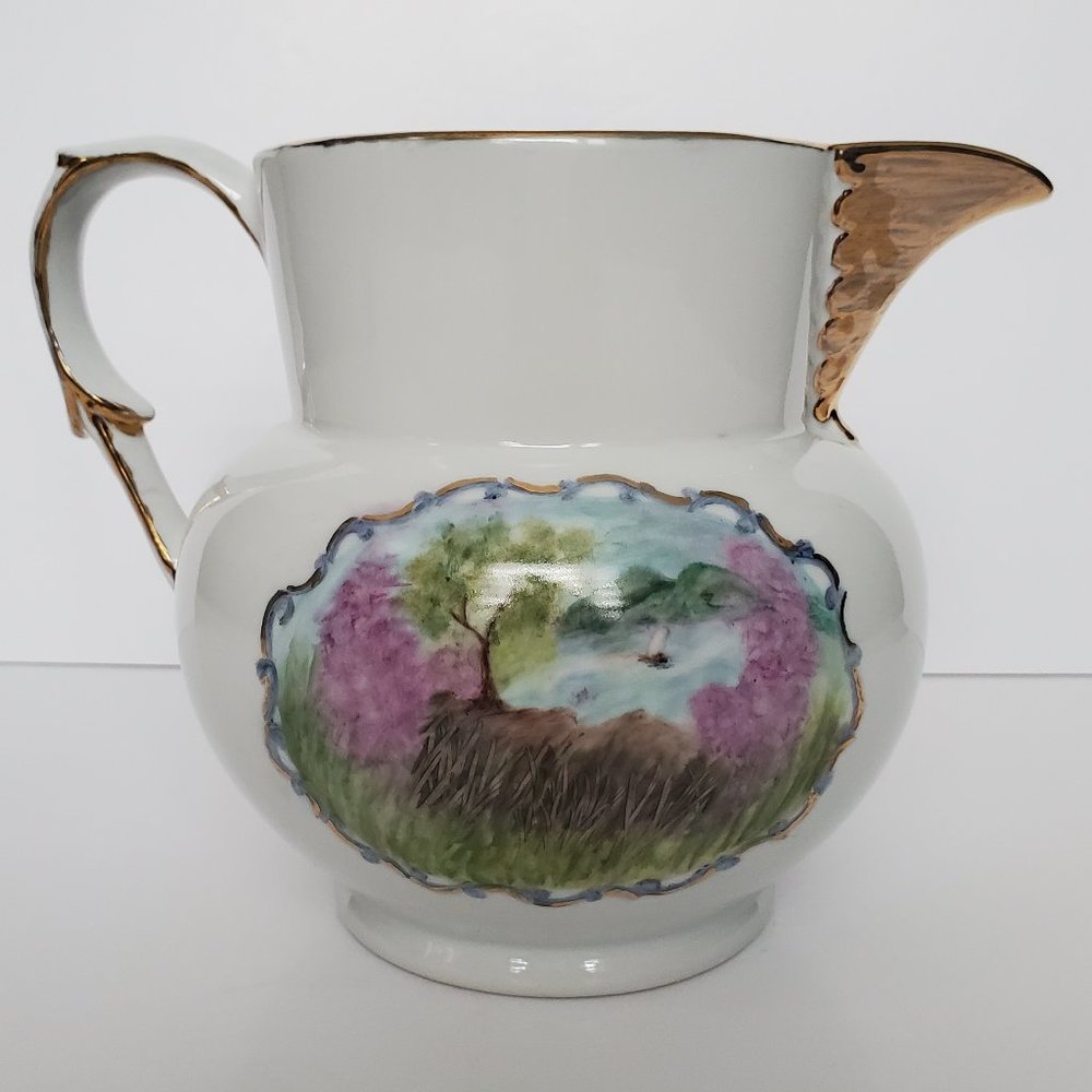 Rare Find! 1993 Artist Signed Hand Painted Large Pitcher Gold Trim  Landscape
